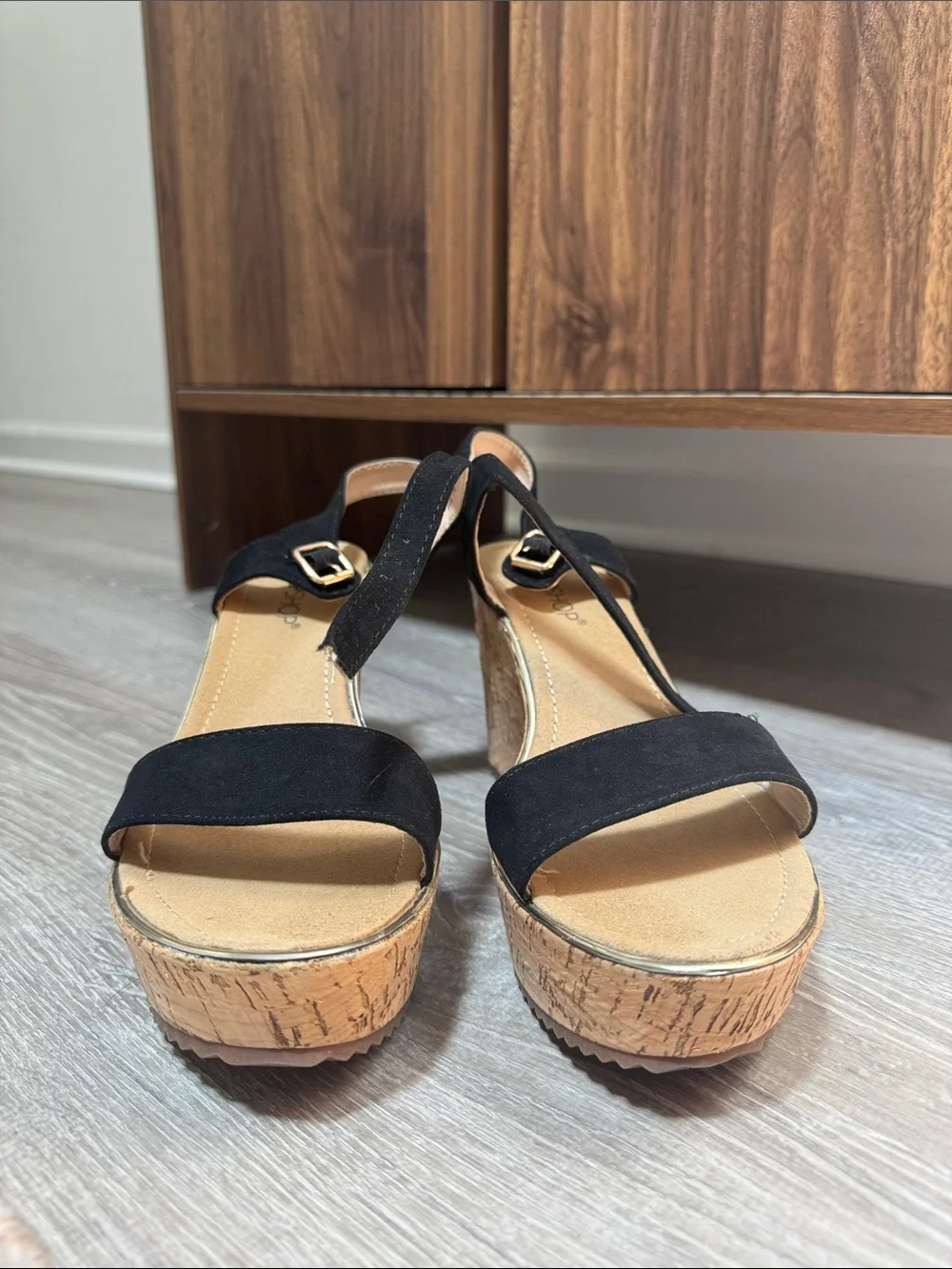 Black Cork Platform Wedge Sandals - Women's Strappy Heels